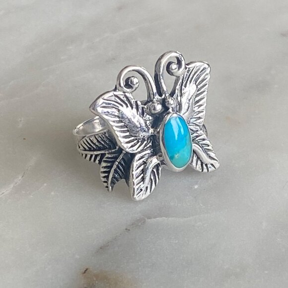 NEW Sterling Silver Butterfly and Mojave Turquoise Ring Size 7 - Picture 2 of 4